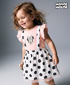 Babyhug Disney 100% Cotton Knit Half Frill Sleeves Top & Skirt Set With Polka Dots & Minnie Mouse Graphic - Pink & White