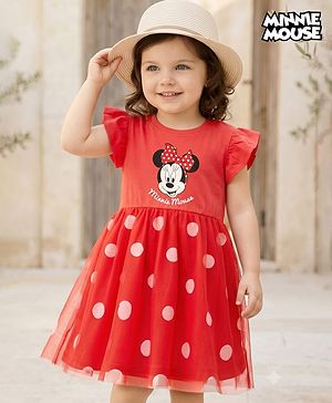 Babyhug Disney 100% Cotton Knit Half Frill Sleeves Frock With Minnie Mouse Graphics & Mesh Detailing - Red