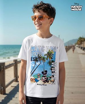 Pine Kids Disney Single Jersey Knit Half Sleeves T-Shirt with Mickey Mouse Graphic - White