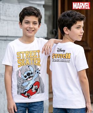 Pine Kids Disney 100% Cotton Knit Half Sleeves  T-Shirt With Lilo & Stitch Front & Back Print - White