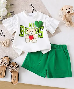 Mark & Mia Cotton Half Sleeves
                              Bear Printed & Heart Applique Top
                              & Shorts Set - Green