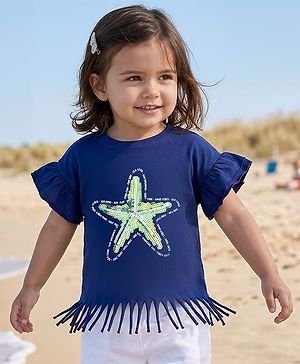 Babyhug Cotton Knit Half Sleeves T-Shirt With Starfish Sequin Detailing - Multicolor