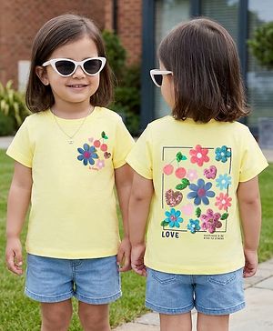 Babyhug Cotton Knit Half Sleeves T-Shirt With Floral Sequins - Multicolor