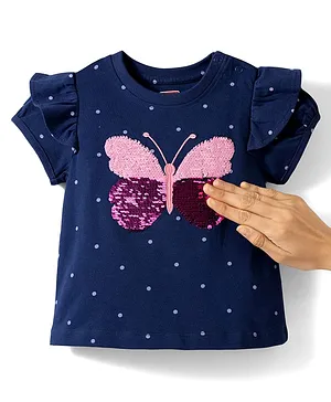 Babyhug Cotton Knit Half Sleeves
                              Polka Dot Printed T-Shirt with Reversible
                              Sequin Detailing - Navy Blue