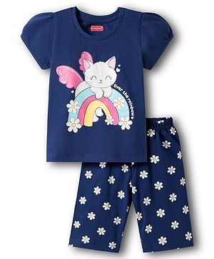 Babyhug Cotton Knit Half Sleeves T-Shirt & Capri Night Suit With Cat & Floral Print - Navy Blue