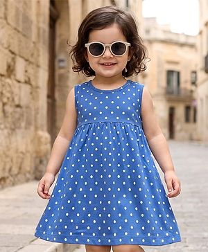 Babyhug Single Jersey Knit Sleeveless Polka Dot Printed Frock - Blue