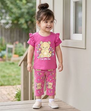 Babyhug Cotton Knit Half Sleeves T-Shirt & Capri Night Suit with Bear Print - Pink