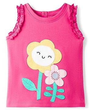 Baybyhug 100% Cotton Knit Sleeveless Tank T-Shirt With Floral Embroidery - Pink & Light Orange