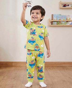 Babyhug Cotton Knit Half Sleeves T-Shirt & Pyjama Co-ord Night Suit With Teddy Bear  Print - Yellow