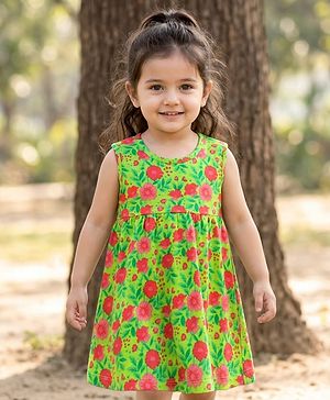 Babyhug Single Jersey Knit Sleeveless Frock With Heart Print - Green