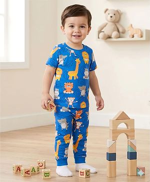 Babyhug Cotton Knit Half Sleeves T-Shirt & Pyjama Co-ord Night Suit With Animal Print - Blue