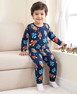 Babyhug Cotton Knit Full Sleeves Space Theme Printed Co-Ords T-Shirt & Pyjama Night Suit - Navy Blue