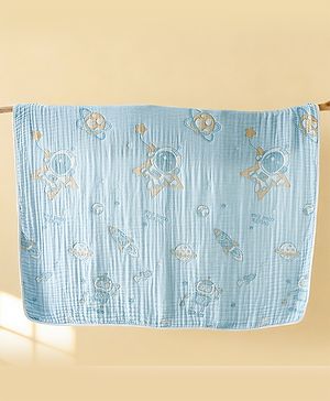 Babyhug 100% Pure Cotton Six Layer Baby Blanket Space Print  Super Soft & Absorbent| All Season Blanket| New Born Gifting| Bath Towel, Wrapper, Feeding Towel| Machine Washable- Blue