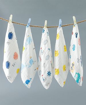 Babyhug 6 Layer Muslin Wash Cloth 100% Cotton| High Absorbency| Ultra Soft| Feeding & Diapering Essential| Machine Washable & Re-usable| Bath & Toweling Pack of 5 - Multicolour