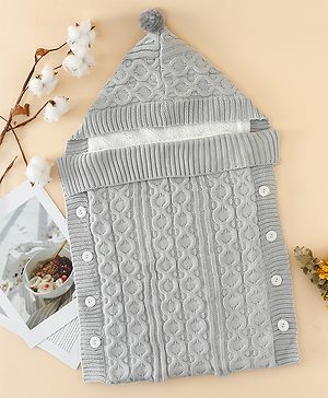 Babyhug Premium Hooded Knitted Blanket Sleeping Bag with Soft Fur Lining| Light Weight| Warm & Cozy Winter Wrapper| Machine Washable| Button Closure| 0 to 12 months| New Born Gifting - Grey