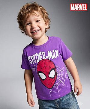 Babyhug Marvel Cotton Knit T-Shirt with Spider-Man Graphic Half Sleeves Round Neck Purple