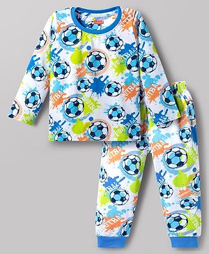 Babyhug Cotton Knit Full Sleeves Football Printed T-Shirt & Pyjama Co-Ord Night Suit - White
