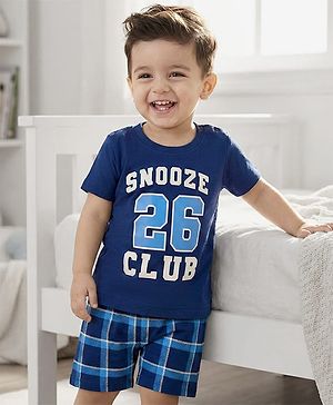 Babyhug Cotton Knit Full Sleeves T-Shirt & Shorts Night Suit With Text Print - Navy Blue