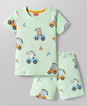 Babyhug Cotton Knit Half Sleeves Co-ords T-Shirt & Shorts Night Suit with Animal Print - Light Green