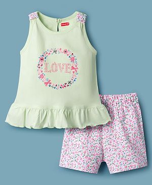 Babyhug Cotton Knit Sleeveless T-Shirt & Shorts Night Suit With Floral Print - Light Green
