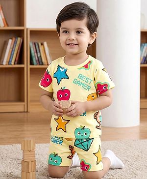 Babyhug Cotton Knit Half Sleeves T-Shirt & Shorts Co-ord Night Suit With Fruit Print - Yellow