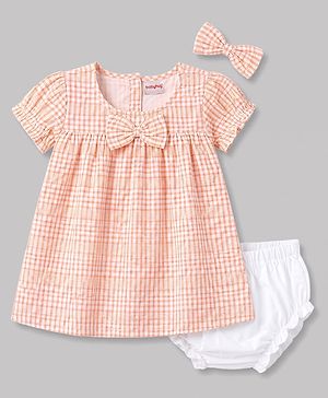 Babyhug Cotton Woven Half Sleeves Checked Frock With Bloomer & Headband - Pink