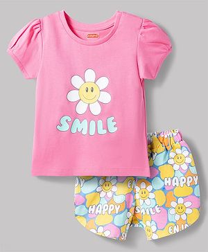 Babyhug Cotton Knit Half Sleeves T-Shirt & Shorts Night Suit with Smile Print - Pink
