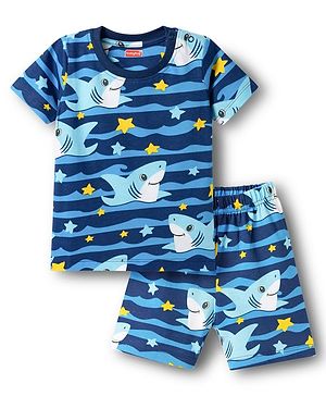 Babyhug Cotton Knit Half Sleeves T-Shirt & Shorts Co-ord Night Suit With Shark Print - Navy Blue