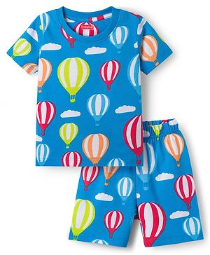 Babyhug Cotton Knit Half Sleeves Co-ords T-Shirt & Shorts Night Suit with Hot Air Balloon Print - Light Blue