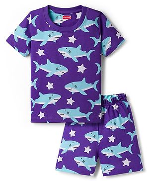 Babyhug Cotton Knit Half Sleeves T-Shirt & Shorts Co-ord Night Suit With Shark Print - Purple