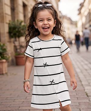 Babyhug Cotton Knit One Piece Dresses/Frocks Short Sleeves Round Neck Striped White 6-9 Months