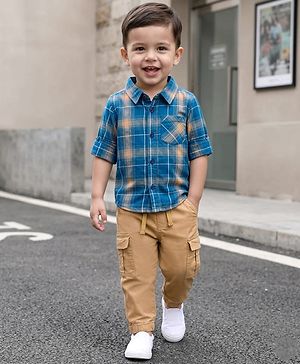 Babyhug Cotton Woven Full Sleeves Checks Shirt & Lounge Pant Set - Blue & Beige