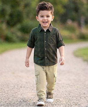 Babyhug Cotton Woven Full Sleeves Checks Shirt & Lounge Pant Set - Dark Green & Beige