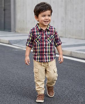 Babyhug Cotton Woven Full Sleeves Checks Shirt & Lounge Pant Set - Multicolor & Beige