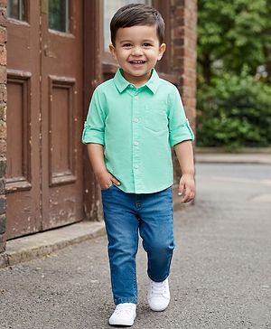 Babyhug Cotton Woven Full Sleeves Solid Color Shirt & Denim Jeans Set - Sea Green & Blue