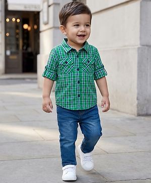 Babyhug Cotton Woven Full Sleeves Checkered Shirt & Denim Jeans Set - Green & Blue