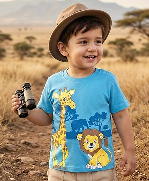 Babyhug Cotton Knit Half Sleeves T-Shirt With Animal Print - Light Blue