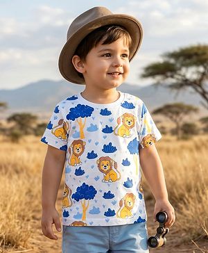 Babyhug Cotton Knit Half Sleeves T-Shirt With Lion Print - White