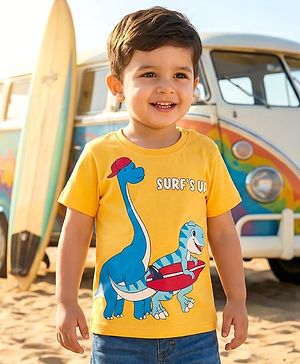 Babyhug 100% Cotton Knit Half Sleeves Dino Printed T-Shirt - Yellow