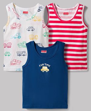 Babyhug 100% Cotton Knit Sleeveless Striped & Vehicles Printed Sando Vests Pack Of 3 - Multicolour