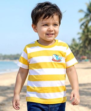 Babyhug 100% Cotton Knit Half Sleeves Striped T-Shirt With Shark Print - Multicolour