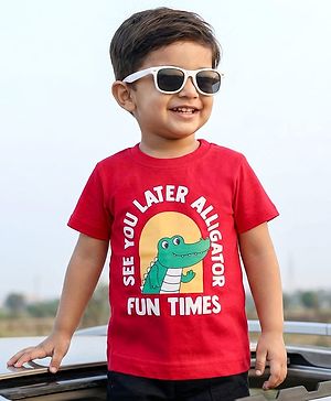 Babyhug 100% Cotton Knit Half Sleeves Alligator & Text Printed T-Shirt - Red