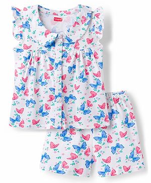 Babyhug Cotton Knit Frill Sleeves Butterfly Printed Co-Ord Peter Pan Collared Shirt & Shorts Night Suit  - White