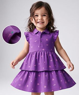Babyhug 100% Cotton Knit Sleeveless Floral Printed Layered Frock - Purple