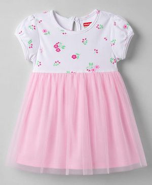 Babyhug Mesh Knit Half Sleeves Floral Printed Frock - Pink