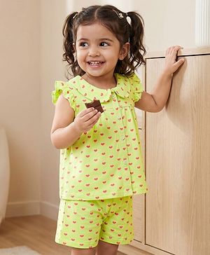 Babyhug Cotton Knit Frill Sleeves Co-ords Top & Shorts Night Suit with Heart Print - Light Green