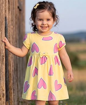 Babyhug Cotton Knit One Piece Dress with Short Sleeves and Heart Print Yellow 3-6 Months