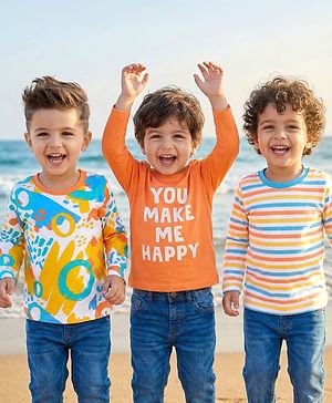 Babyhug Cotton Knit Full Sleeves Striped Abstract & Text Printed T-Shirts Pack of 3 - Orange & White