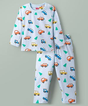 Babyhug Cotton Knit Full Sleeves Vehicles Printed Co-Ords T-Shirt & Pyjama Night Suit - Light Blue