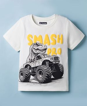 Pine Kids Cotton Knit T-Shirt Half Sleeves Dino on Car Graphic Snow White 4-5 Years